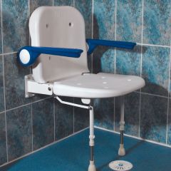 ADVANCED WALL MOUNTED FOLD UP MOULDED SEAT WITH SUPPORT LEGS BACK AND PADDED ARMS